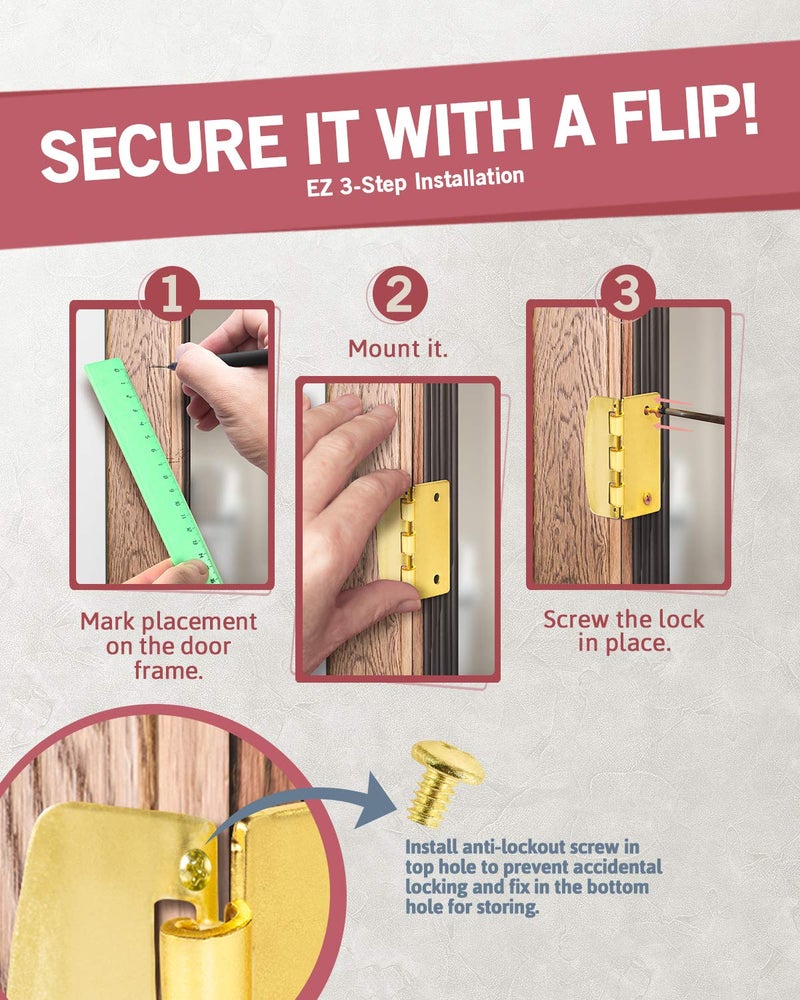 JD Jack N'Drill Jack Nâ€™ Drill Flip Action Door Lock (6 Pack)- Reversible Privacy Door Locks with Anti Lockout Screw for Child Proofing and Home Defense, Easy to Install and Durable Lock for Interior Swing-in Doors - Image 4